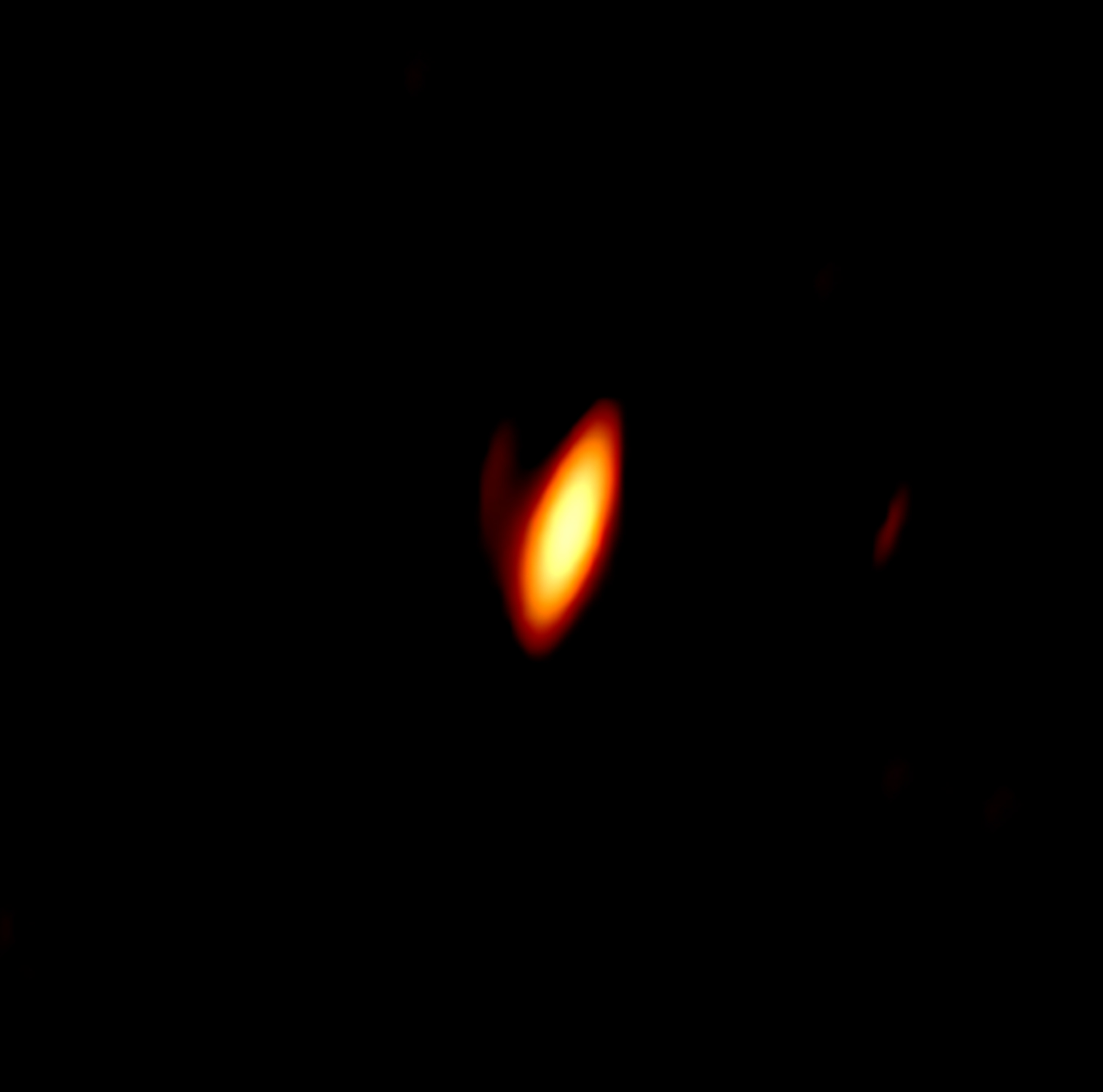 Obraz kwazara P172+18 uzyskany za pomocą radioteleskopów VLBA. Jest to kwazar odległy o około 13 miliardów l.św. (z=6.82). Pokazana jest wewnętrzna część dżetu o wielkości 171 x 60 l.św. (9.9 x 3.5 mas, gdzie 1 mas = 0.000001"). Źródło: Momjian et al., NRAO/AUI/NSF