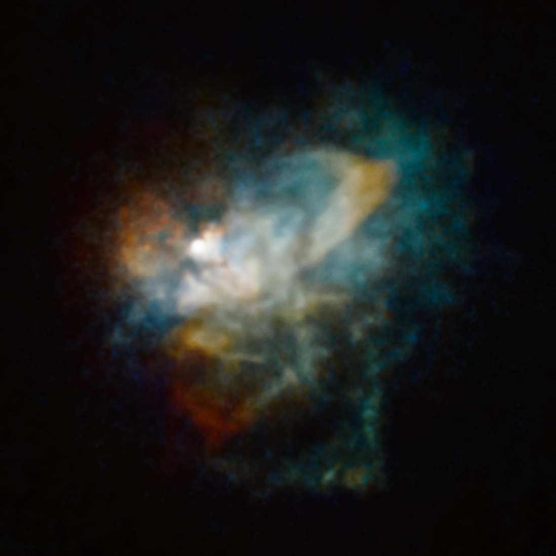 Obraz z Teleskopu Hubble'a przedstawia ogromną mgławicę składająca się z materii wyrzuconej z hiperolbrzyma VY Canis Majoris. Ta mgławica zajmuje na niebie nieregularny kształt o przekroju około 10" - co odpowiada liniowym rozmiarom 12000 j.a. (0.19 l.św.). Źródło: NASA, ESA, and R. Humphreys (University of Minnesota)