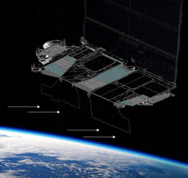 Koncepcja artystyczna VisorSat - satelita Starlink wyposażony w rozkładaną przyłbicę, która osłania anteny przed światłem słonecznym. Wizjer jest oczywiście przezroczysty dla częstotliwości radiowych. Źródło: SpaceX