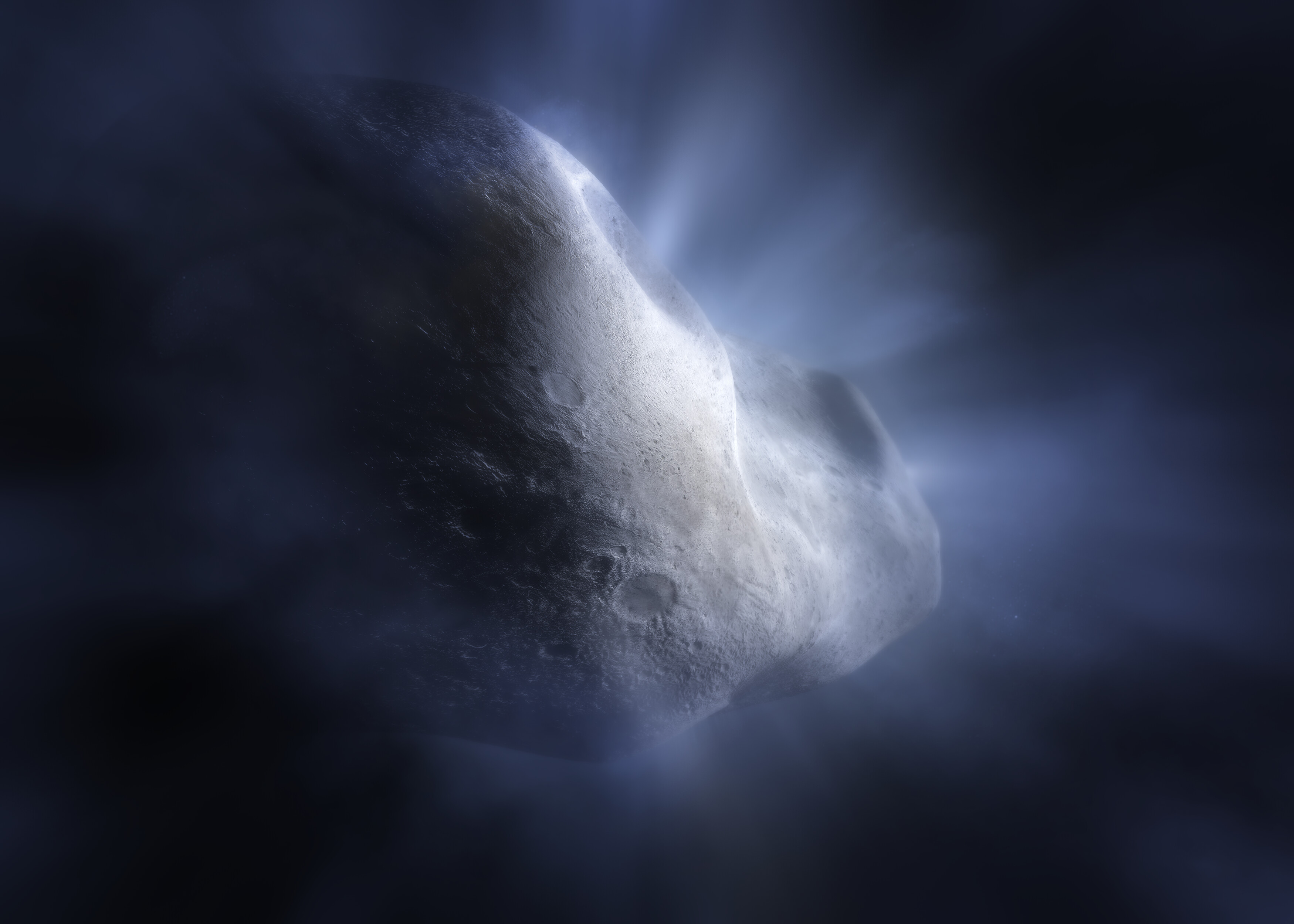 Wizja artystyczna komety 238 P/Read poruszającej się w pasie planetoid. Widać zjawisko sublimacji -zamarznięta woda paruje, gdy kometa zbliża się do Słońca w swoim ruchu orbitalnym pomiędzy Marsem i Jowiszem (peryhelium – 2,36 j.a., aphelium – 3,96 j.a., okres orbitalny – 5,63 lat) . Źródło: NASA/ESA
