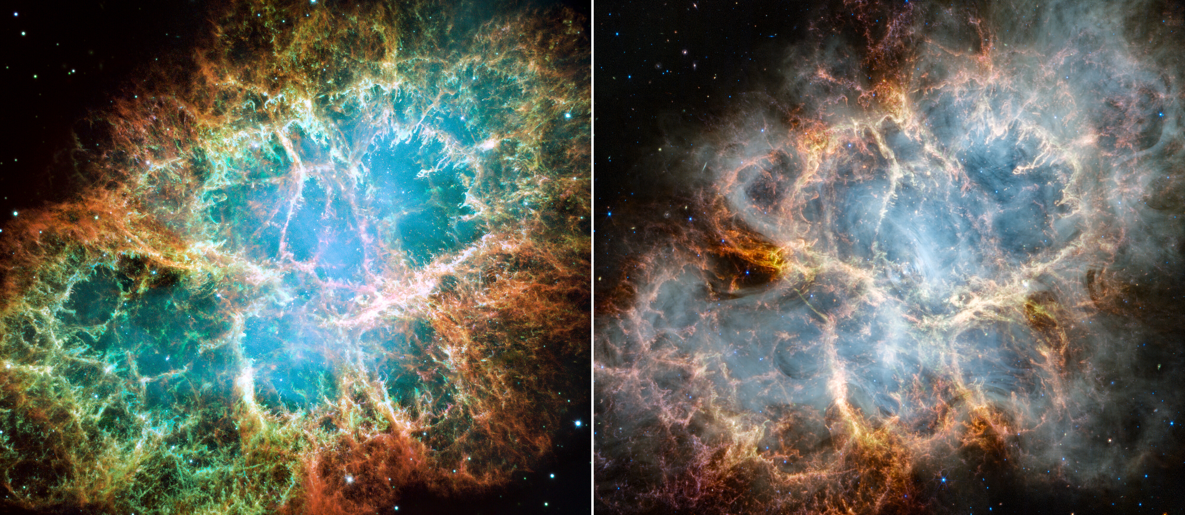 Na ilustracji: Zdjęcia Mgławicy Krab wykonane przez Teleskop Hubble’a w 2005 roku (po lewej ) i ostatnio przez Teleskop Webba (po prawej) odpowiednio w zakresie optycznym i podczerwieni. Na ostatnim zdjęciu uzyskanym z obserwacji kamerami NIRCam i MIRI (bliska / średnia podczerwień) odkryto nowe szczegóły tej mgławicy. Widać delikatną strukturę podobną do klatki, składającą się z puszystych włókien czerwono-pomarańczowych i zagęszczeń pyłu, które otaczają obiekt centralny. Niektóre cechy wnętrza Mgławicy Krab stają się wyraźniejsze i bardziej szczegółowe w podczerwieni. W szczególności w jej wnętrzu wyraźniej widać promieniowanie synchrotronowe, które na zdjęciu ma wygląd mlecznej struktury podobnej do dymu. Na stronie internetowej ESA można interaktywnie oglądać oba zdjęcia przesuwając suwak pomiędzy zdjęciami: z Teleskopu Hubble’a ↔ z Teleskop Webba. Źródło: NASA, ESA, CSA, STScI, Jeff Hester (ASU), Allison Loll (ASU), Tea Temim (Princeton University)