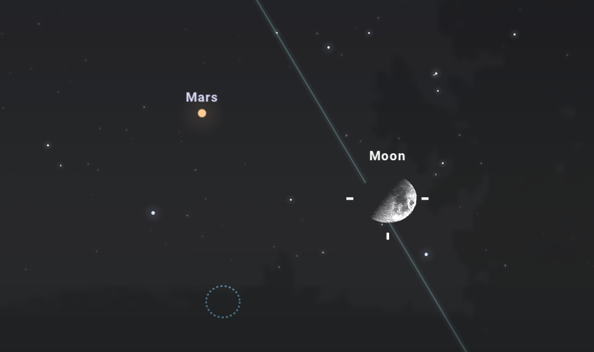 Wzajemnie położenie Księżyca i Marsa, 28 lutego 2023 roku, godzina 02:44, tuż przed zachodem Księżyca. Źródło: https://stellarium-web.org/