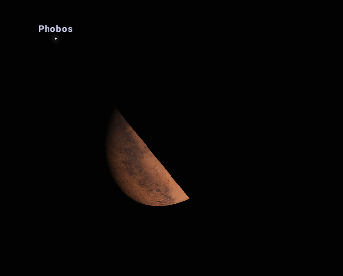 Sekunda przed zakryciem Phobosa, 28 luty 2023 roku, 05:26:55 (dla Polski centralnej, Łódź). Źródło: https://stellarium-web.org/