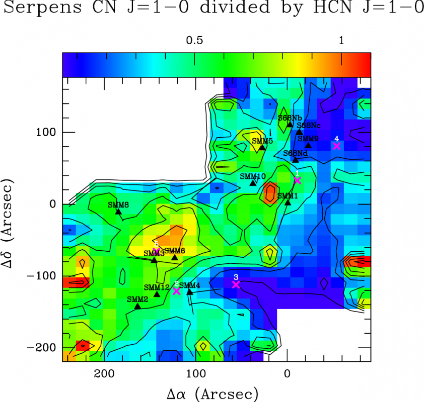 Emisja stosunku linii CN/HCN w Pasie Głównym obłoku molekularnego w gwiazdozbiorze Węża