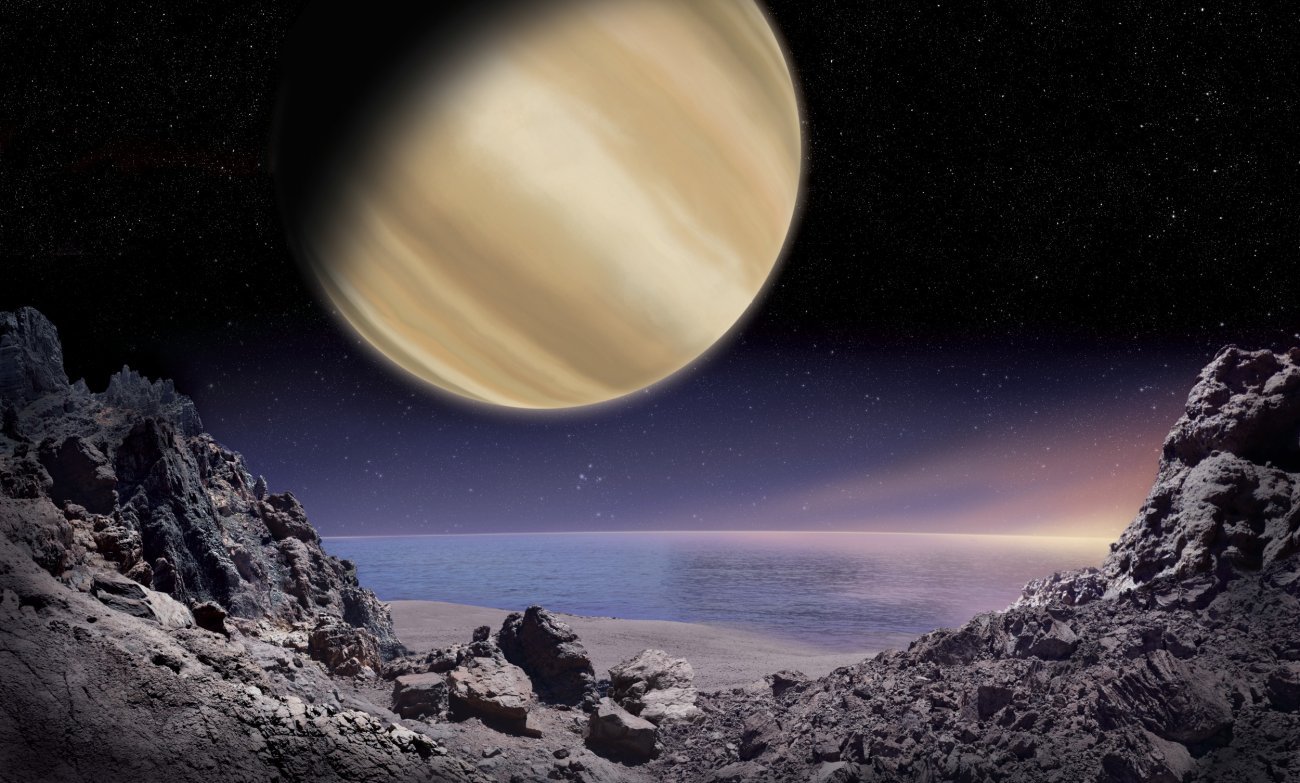 Planeta Pirx widoczna z powierzchni jej księżyca (wizja artystyczna)