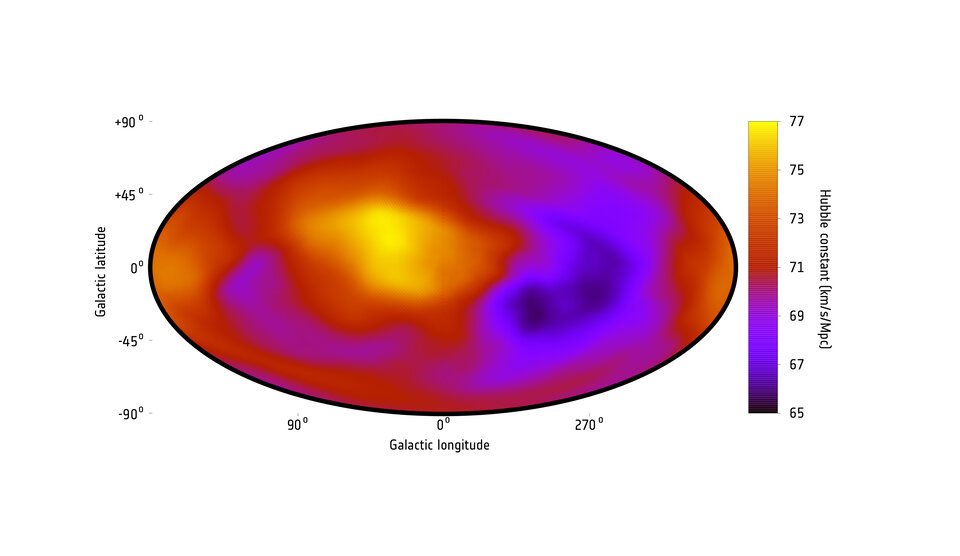 Mapa pokazująca tempo ekspansji Wszechświata, obserwowane w różnych kierunkach na niebie, powstała w oparciu o dane z teleskopów XMM-Newton, Chandra i ROSAT.