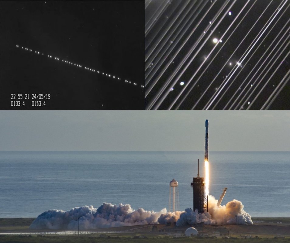Satelity Starlink - ślady na niebie oraz rakieta je wynosząca