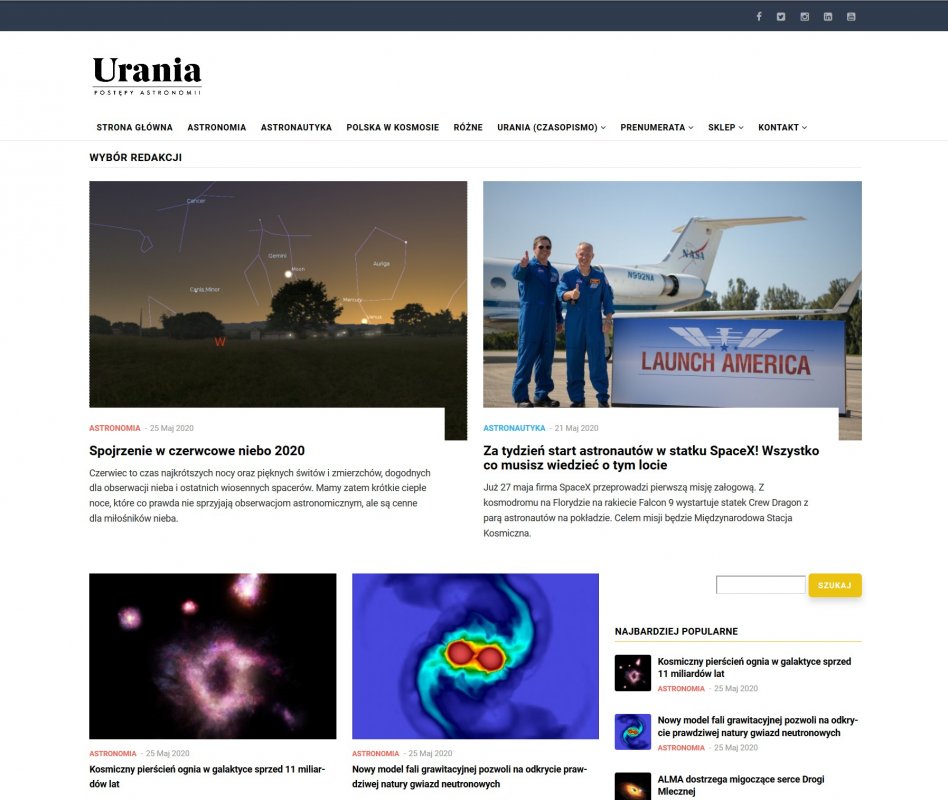 Portal Uranii (www.urania.edu.pl) w dniu 26 maja 2020 r.