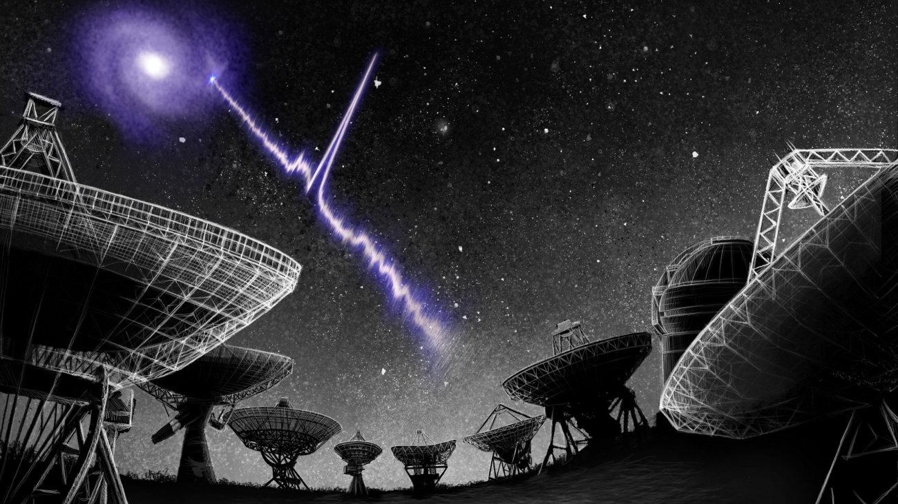 Wizja artystyczna dotycząca lokalizacji szybkiego rozbłysku radiowego w galaktyce macierzystej.