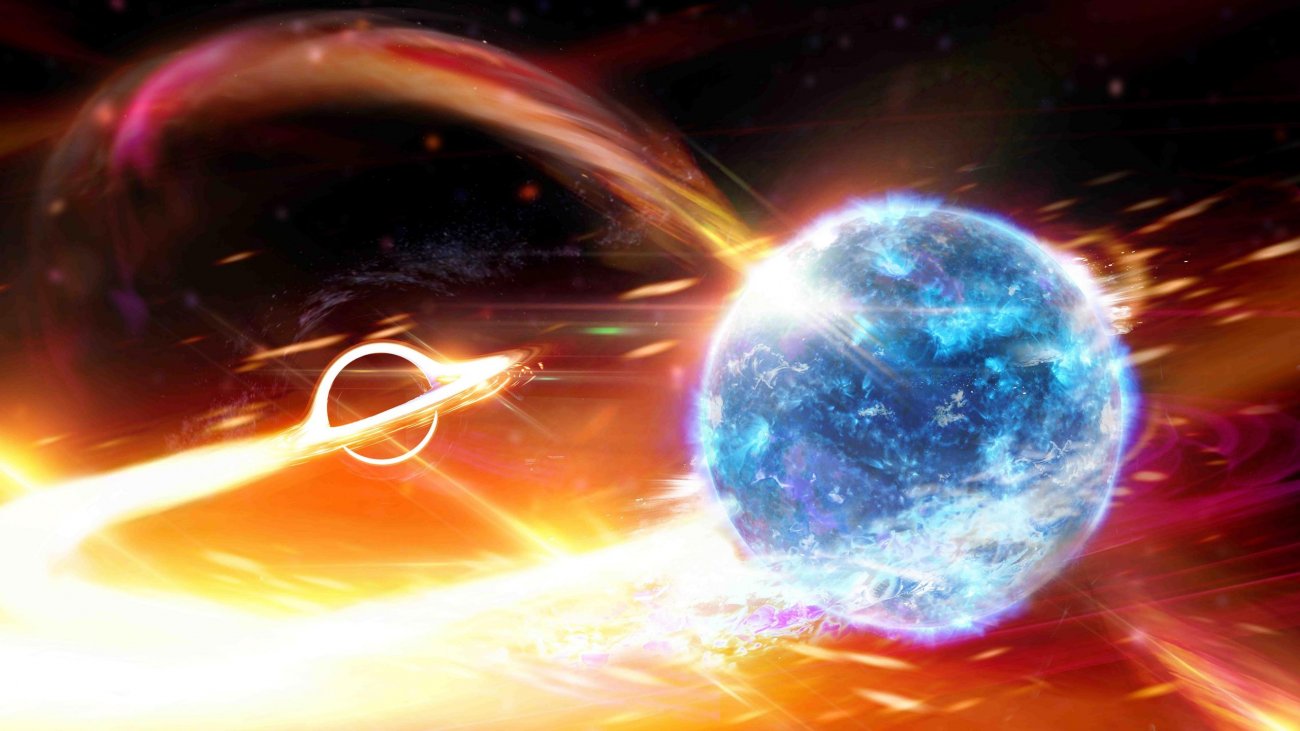 Wizja artystyczna połączenia czarnej dziury z gwiazdą neutronową.
