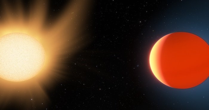 Wizja artystyczna egzoplanety LTT 9779b w pobliżu gwiazdy, którą okrąża.
