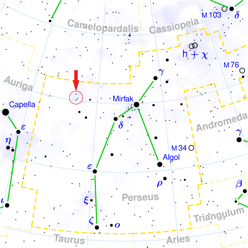 Mapka gwiazdozbioru Perseusza z czerwoną strzałka wskazującą układ potrójny b Persei. Tego obiektu nie należy mylić z β Persei (Algol), który również jest widoczny na mapce. W czerwonym kółku zaznaczono trzy jasne gwiazdy około 5 mag. Widać b Persei, a obok po lewej gwiazdę SAO 39457 niezbędną do fotometrii zaćmienia, a nad nimi HIP 20234 (mapka z Wikipedii).