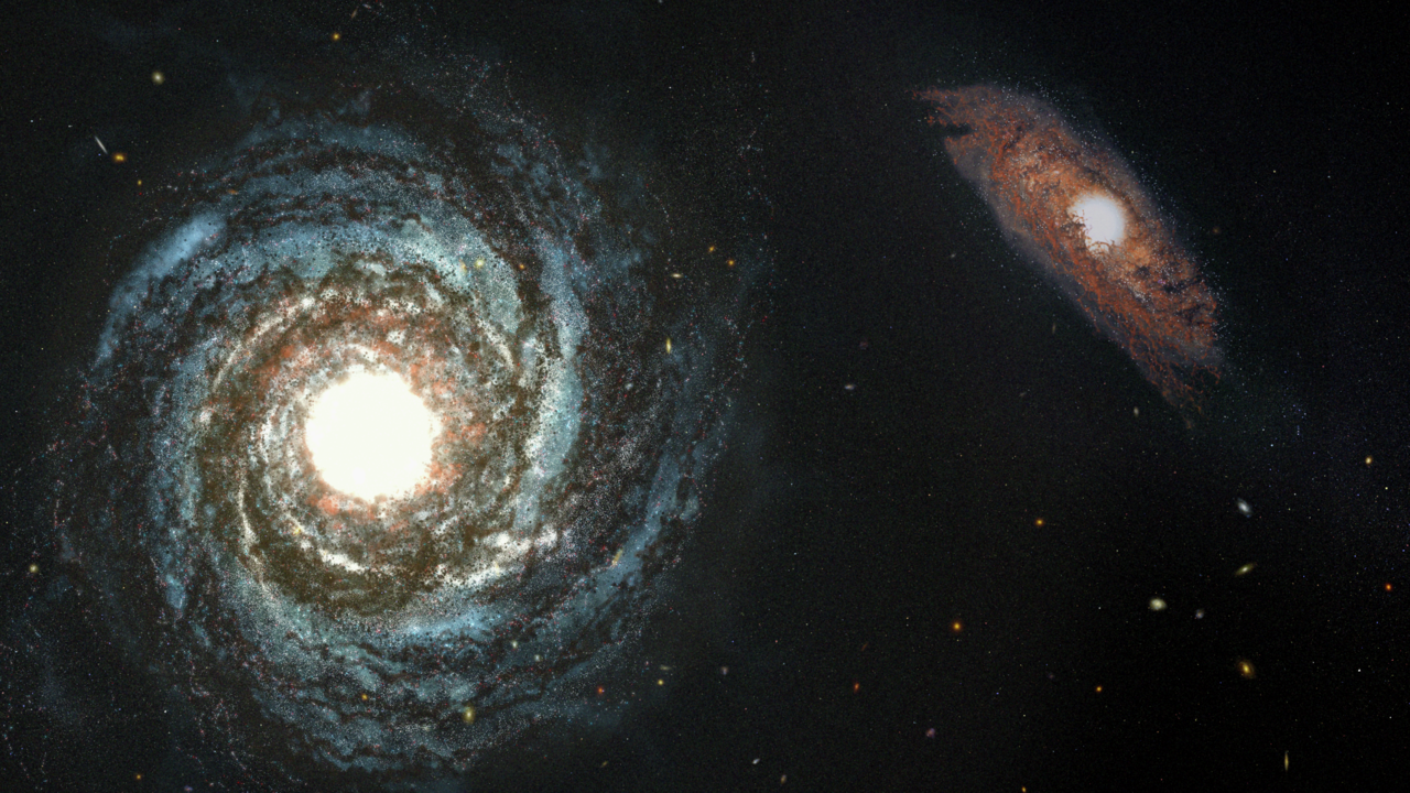 Wizja artystyczna przedstawiająca dwie galaktyki, które istniały już w ciągu pierwszego miliarda lat życia Wszechświata. 