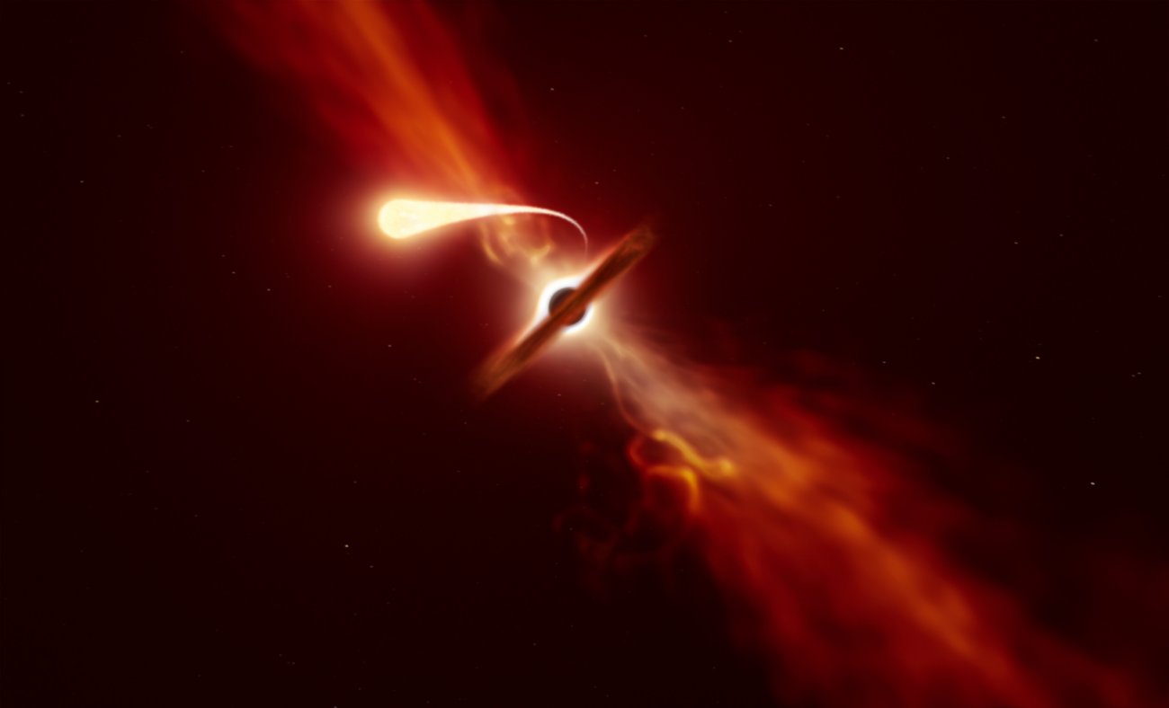 Artystyczna wizja procesu spaghettizacji podczas rozerwania pływowego gwiazdy przez sueprmasywną czarną dziurę