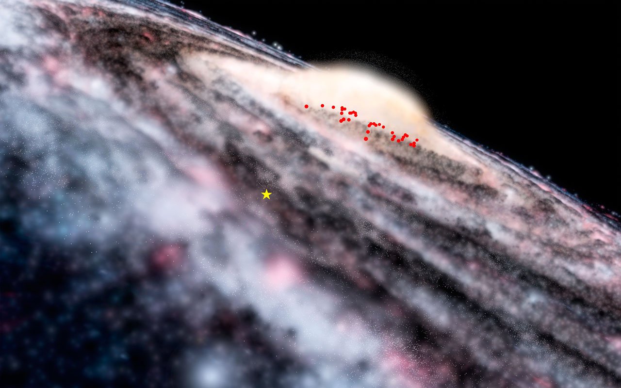Położenie nowo odkrytych cefeid na artystycznie wyrenderowanej wizji  Drogi Mlecznej. Źródło: ESO/Microsoft WorldWide Telescope