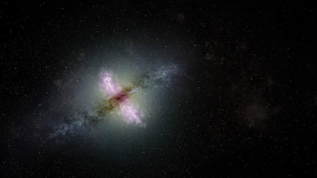 Wizja artystyczna galaktyki z aktywnym jądrem wyrzucającym strumienie materii na zewnątrz z centrum galaktyki.