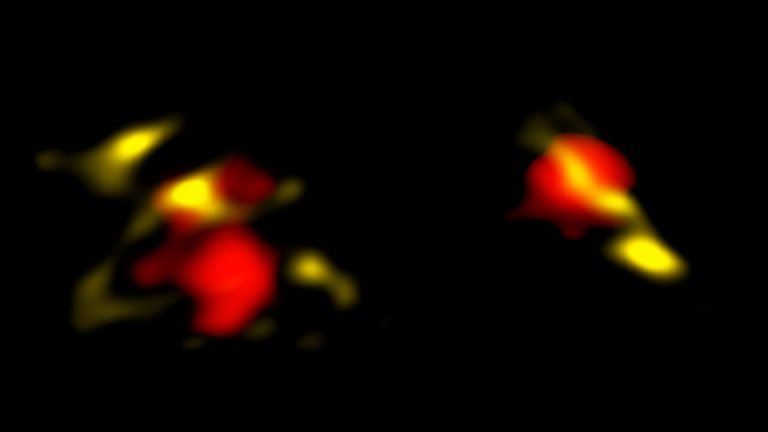 Dwie spośród galaktyk obserwowanych przez ALMA w zakresie radiowym.