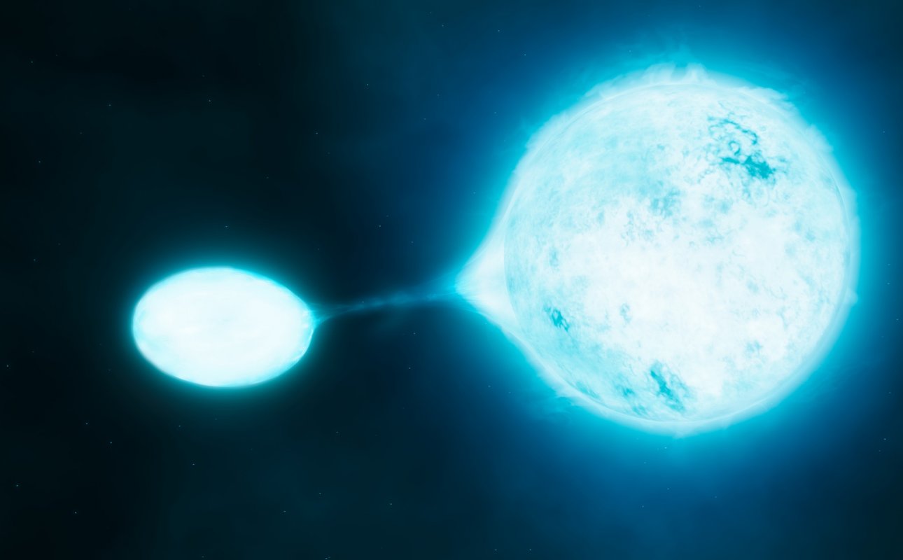 Wizja artystyczna podwójnego układu gwiazd z transferem masy.
