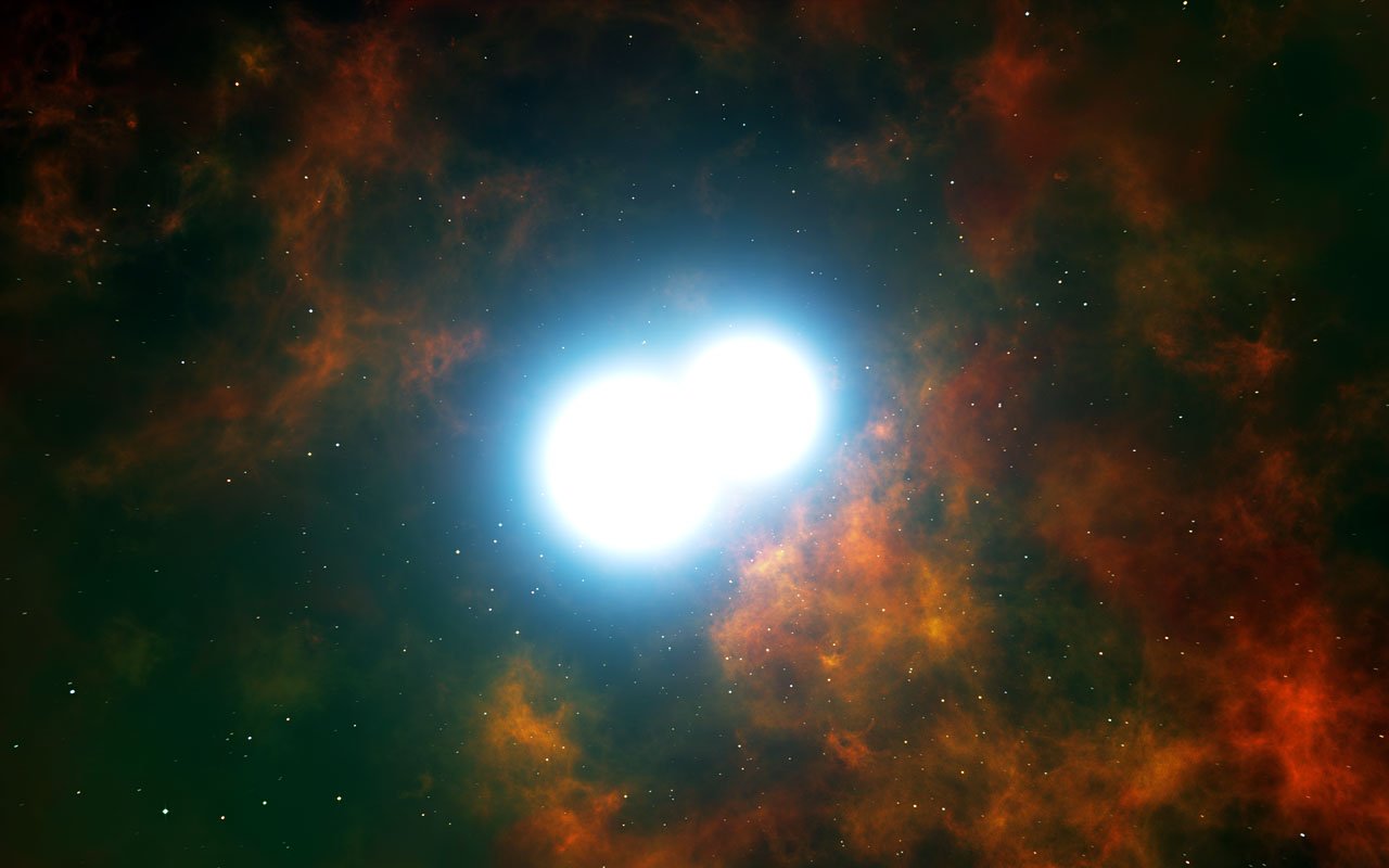  Artystyczna wizja centralnej części mgławicy planetarnej Henize 2-428. W środku widzimy układ dwóch białych karłów na bardzo ciasnej orbicie wokół siebie. 