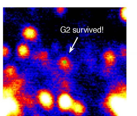 Obrazy w podczerwieni z teleskopów W. M. Kecka pokazały, że obiekt o nazwie G2 przeżył bliskie zbliżenie do czarnej dziury i nadal ją okrąża. Zielony okrąg oznacza dokładne położenie niewidzialnej dla nas czarnej dziury. 