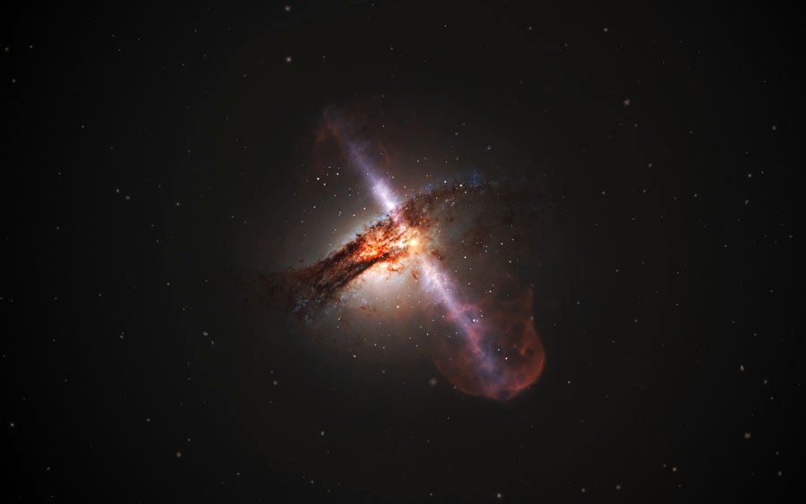 Wizja artystyczna galaktyki, która wyrzuca z siebie strugi materii. Źródło: ESA/Hubble, L. Calçada (ESO)