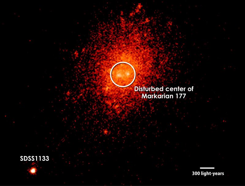 Obserwacje w zakresie podczerwonym uzyskane przy wykorzystaniu teleskopu Keck II na Hawajach pokazujące obraz galaktyki Markarian 177. Źródło: W. M. Keck Observatory/M. Koss (ETH Zurich) et al.
