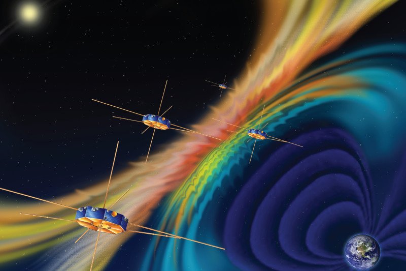 Na zdjęciu: Artystyczna wizja floty obserwatorium MMS na tle tęczowych linii magnetycznych. Źródło: NASA