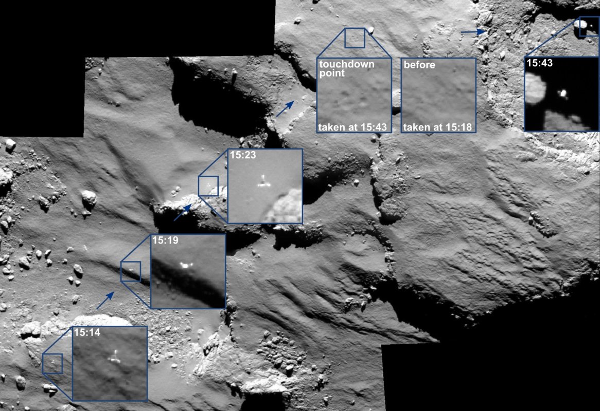 Seria zdjęć Philae w trakcie lądowania i po pierwszym odbiciu. Źródło: ESA/Rosetta/MPS for OSIRIS Team MPS/UPD/LAM/IAA/SSO/INTA/UPM/DASP/IDA
