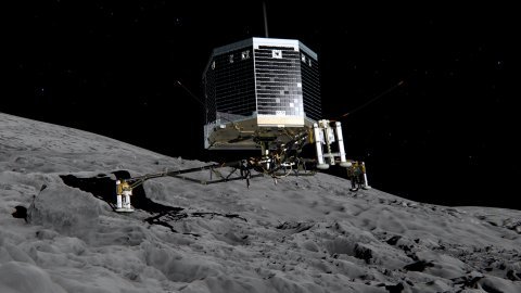 Wizja artystyczna lądowania Philae na powierzchni komety 67P/Czuriumow-Gierasimienko. Źródło: ESA/ATG medialab