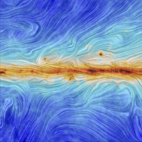 Ta wizualizacja danych z satelity Planck przedstawia oddziaływanie pomiędzy obecnym w naszej Galaktyce pyłem międzygwiezdnym i jej własnym polem magnetycznym. Skala barw reprezentuje intensywność emisji pyłu i odkrywa dzięki temu rozkład jego obłoków w Galaktyce.