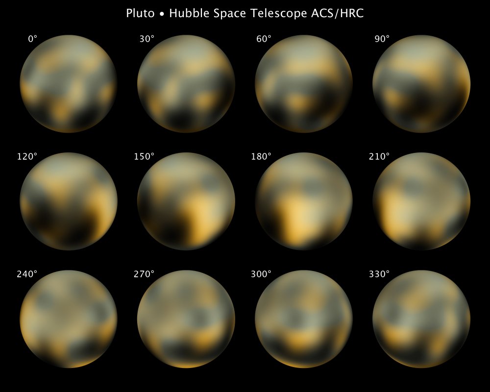 Zdjęcia Plutona wykonane przez Kosmiczny Teleskop Hubble’a ukazujące planetę w trakcie jej obrotu wokół osi. Średnica Plutona wynosi około 2.400 km, co odpowiada ⅔ wielkości naszego Księżyca. Na zdjęciach z Hubble’a planeta zajmuje jedynie powierzchnie 3 pikseli. Źródło: NASA, ESA, and M. Buie/Southwest Research Institute