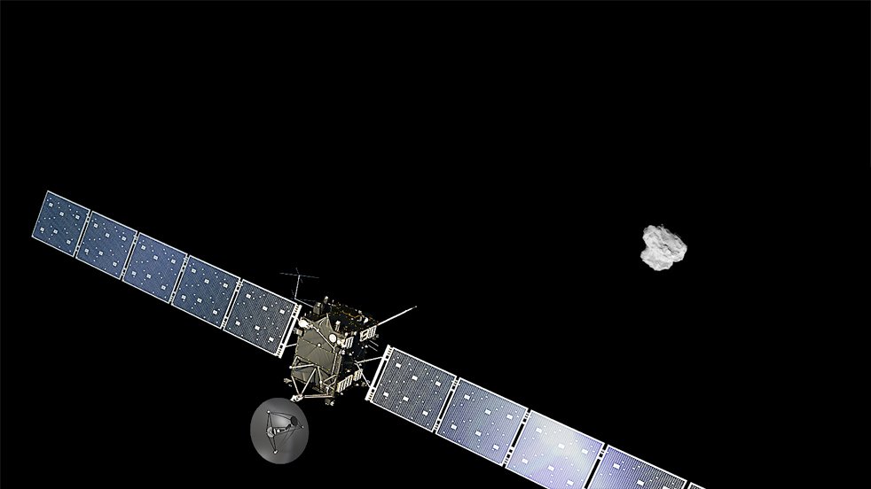 Rosetta zbliża się do komety. Źródła, statek kosmiczny: ESA/ATG medialab; zdjęcie komety: ESA/Rosetta/NAVCAM