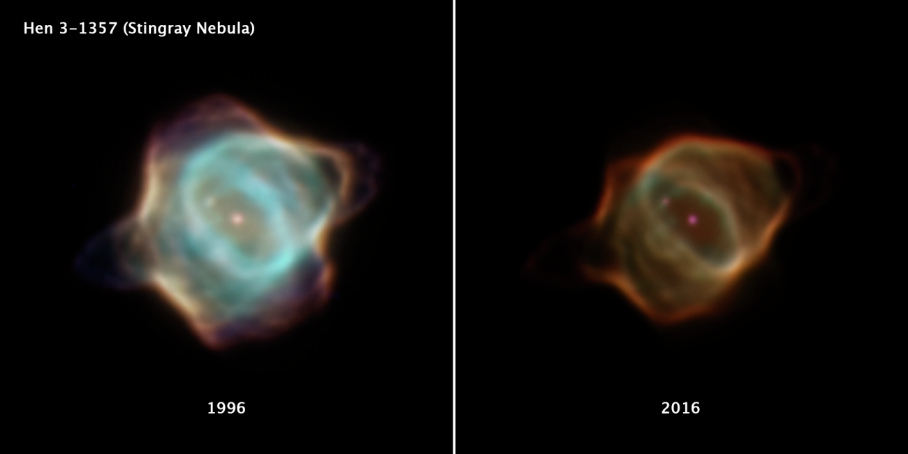 Porównanie dwóch dramatycznie różnych zdjęć Mgławicy Płaszczka (ang. Stingray nebula - taki rodzaj ryby)  uzyskanych przez Kosmiczny Teleskop Hubble'a w odstępie 20 lat. Zdjęcie po lewej z marca 1996 r. przedstawia gwiazdę w środku tej mgławicy, która jest na końcowym etapie życia. Na tym zdjęciu gaz uciekający z tej umierającej gwiazdy jest znacznie jaśniejszy, gdy porównamy ze zdjęciem z prawej strony (styczeń 2016 r.). Mgławica Płaszczka znajduje się w gwiazdozb.Ołtarza. Źródło NASA/ESA