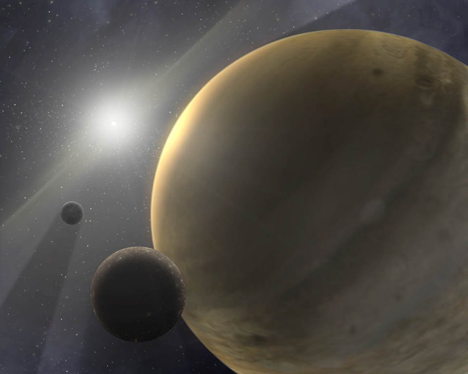 Wizja artystyczna układu planetarnego z gazowym olbrzymem, takim jak Jowisz.