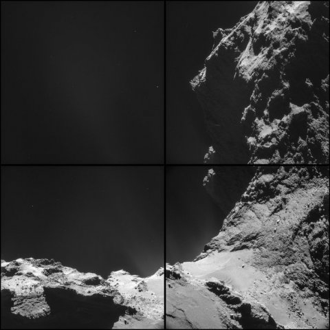 Fragment komety 67P/Churyumov-Gerasimenko sfotografowany z odległości 7,8km przez Rosette. http://blogs.esa.int