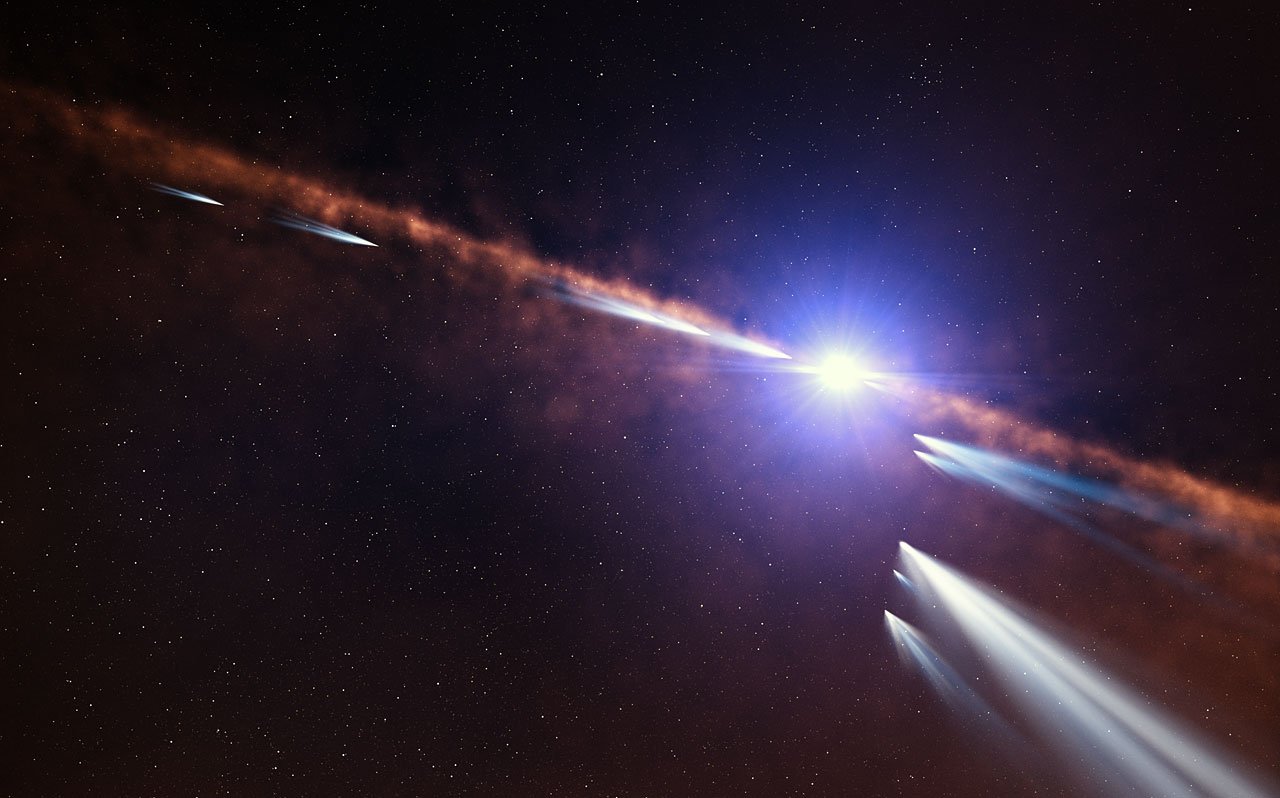 Na zdjęciu: Artystyczna wizja komet w układzie Beta Pictoris. Źródło: ESO/L. Calçada