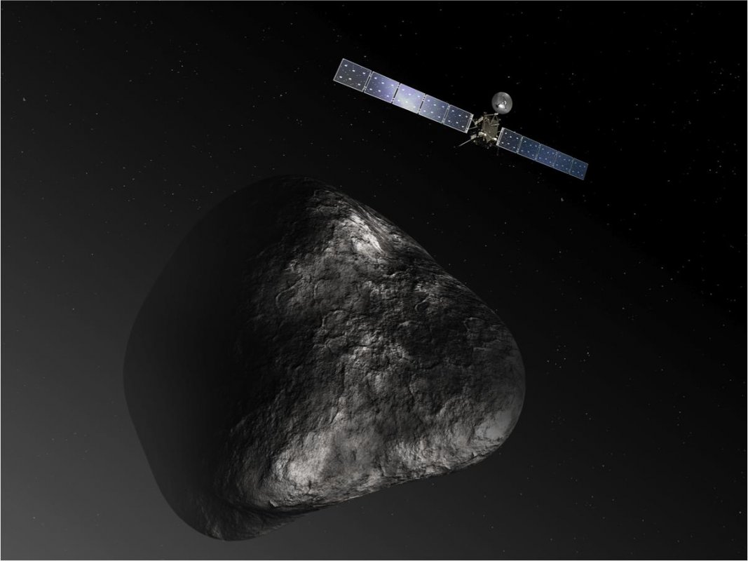 Tak wyobrażamy sobie Rosette orbitującą wokół komety 67P/Churyumov-Gerasimenko.  (nie zachowano skali!) Źródło: NASA/ESA/ATG Medialab