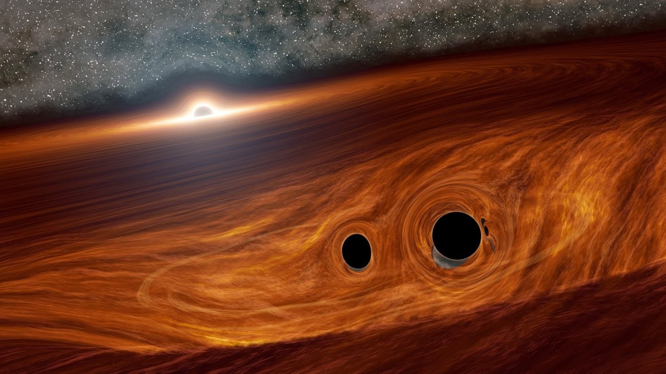 Wizja artystyczna dwóch czarnych dziur łączących się na dysku AGN.