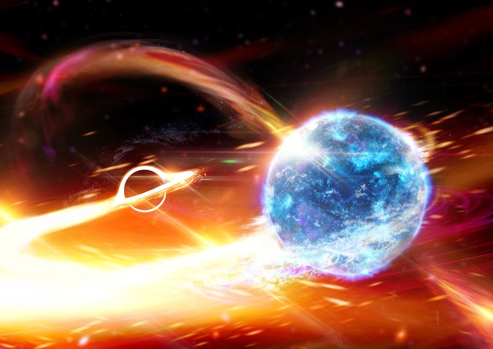 Wizja artystyczna układu podwójnego czarnej dziury i gwiazdy neutronowej.