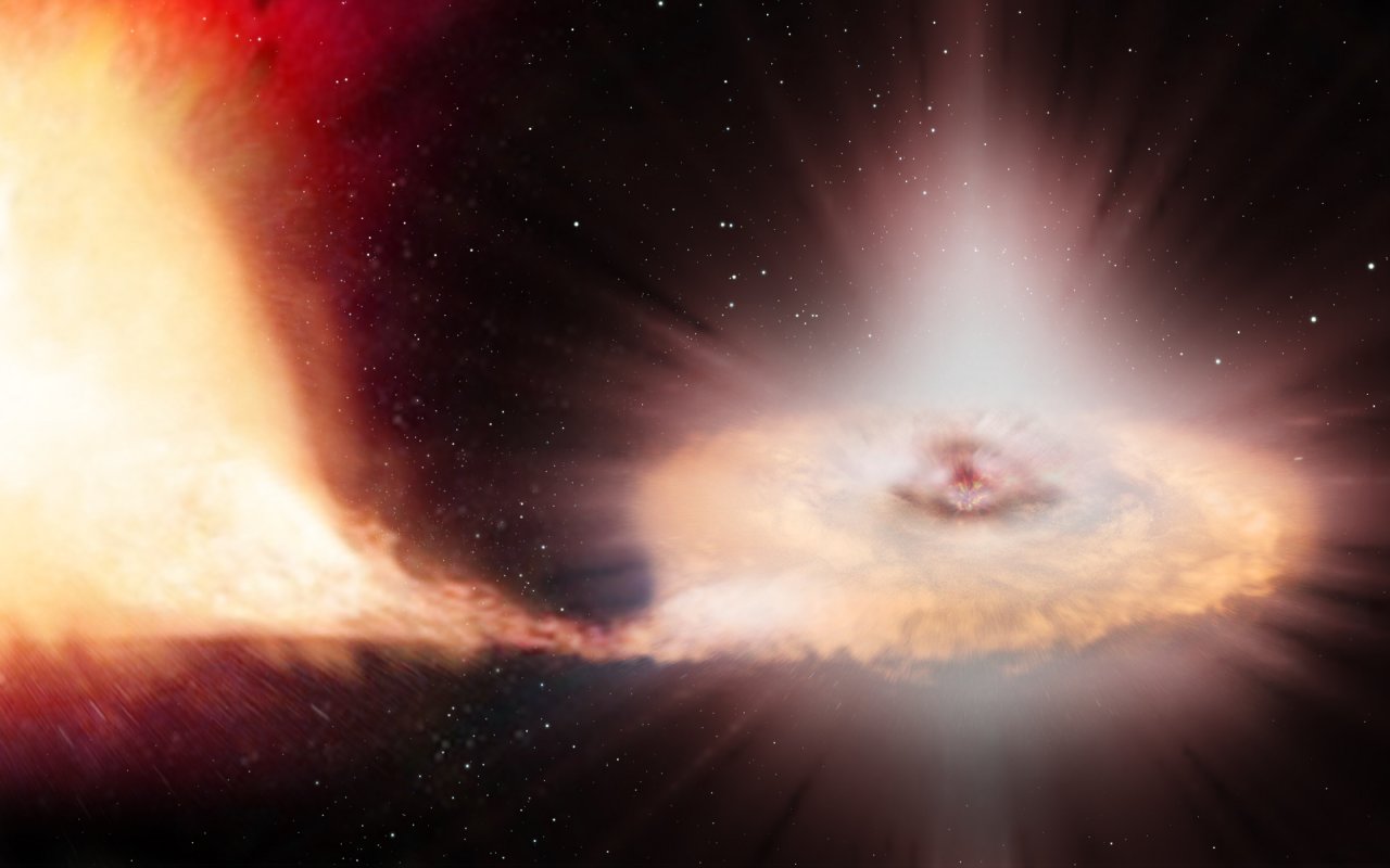   Wizja artystyczna supernowej Ia – eksplozji w układzie podwójnym gwiazd: białego karła i zwykłej gwiazdy.