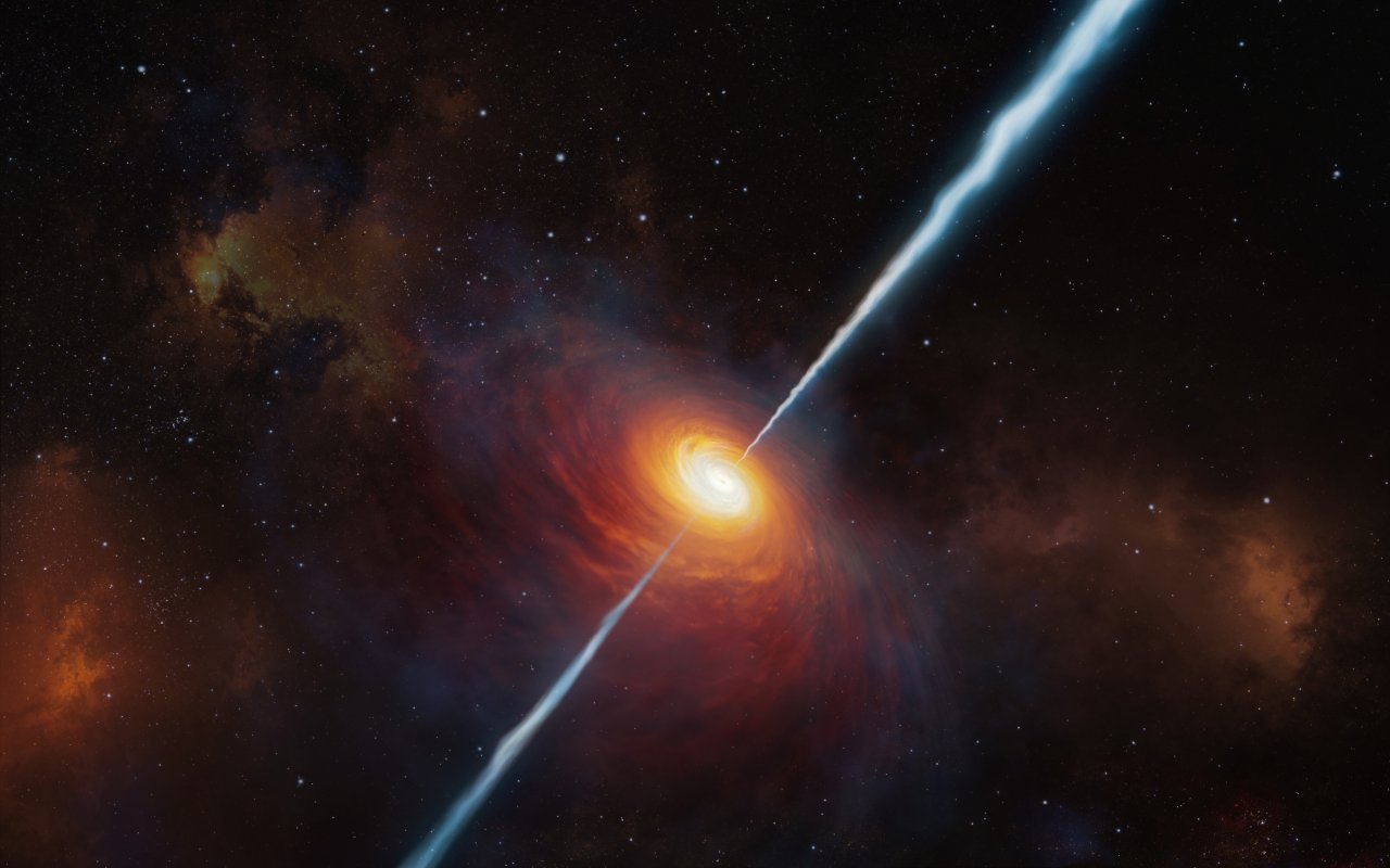 Wizja artystyczna jak może wyglądać odległy kwazar P172+18 i jego dżety radiowe. Aktualnie (marzec 2021 r.) jest to najbardziej odległy kwazar z dżetami radiowymi jaki kiedykolwiek został odkryty. P172+18 jest tak odległy, że jego światło podróżowało do nas przez około 13 miliardów lat. Widzimy więc kwazara jak wyglądał, gdy Wszechświat liczył zaledwie 780 milionów lat. Źródło: ESO/M. Kornmesser