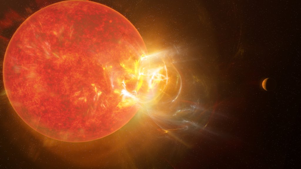 Wizja artystyczna rozbłysku gwiazdowego z Proxima Centauri odkrytego przez naukowców w 2019 roku.