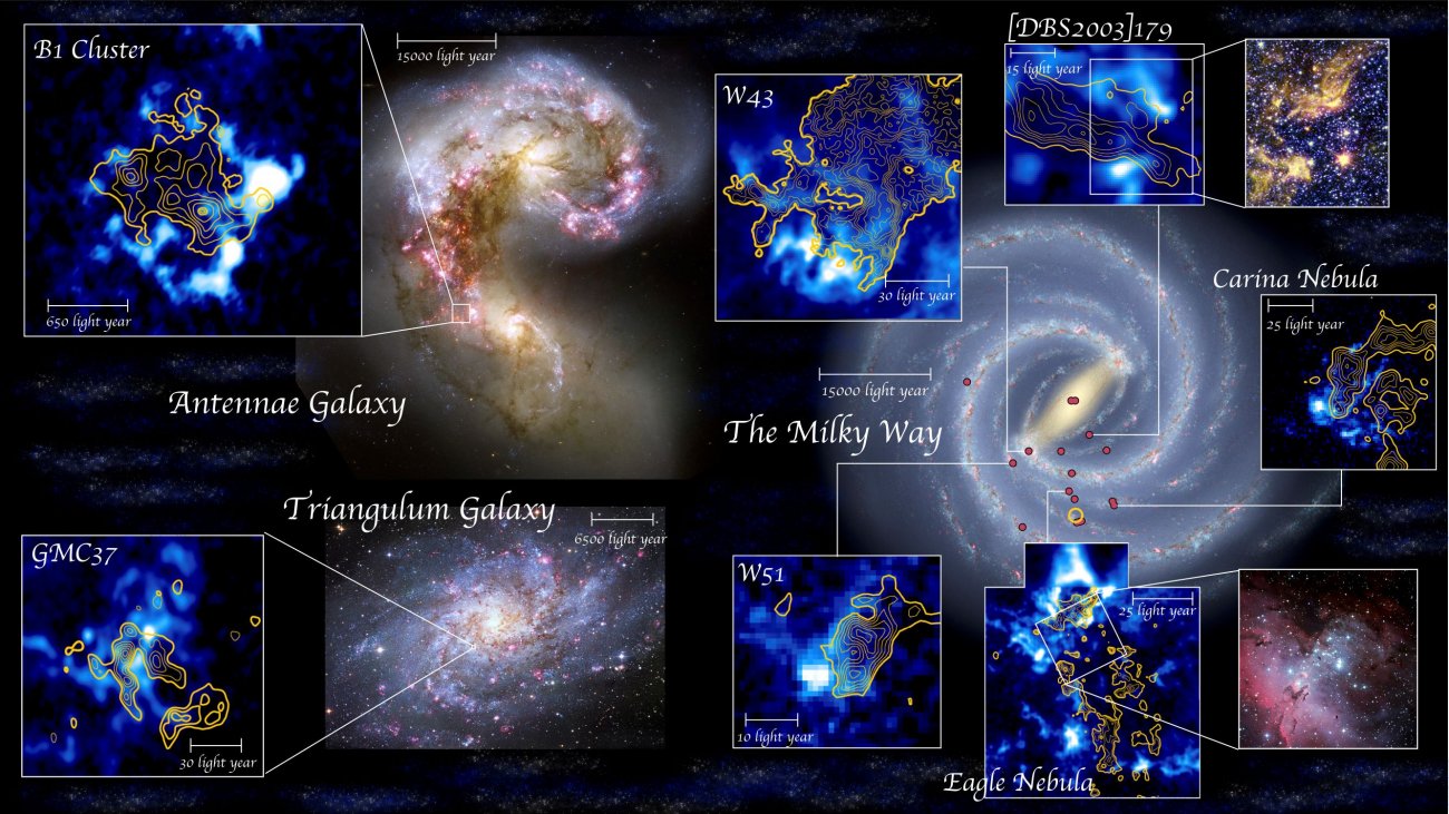 Demonstracja typowych zderzających się obłoków molekularnych tworzących gromady gwiazd, odkrytych na podstawie obserwacji radiowych.