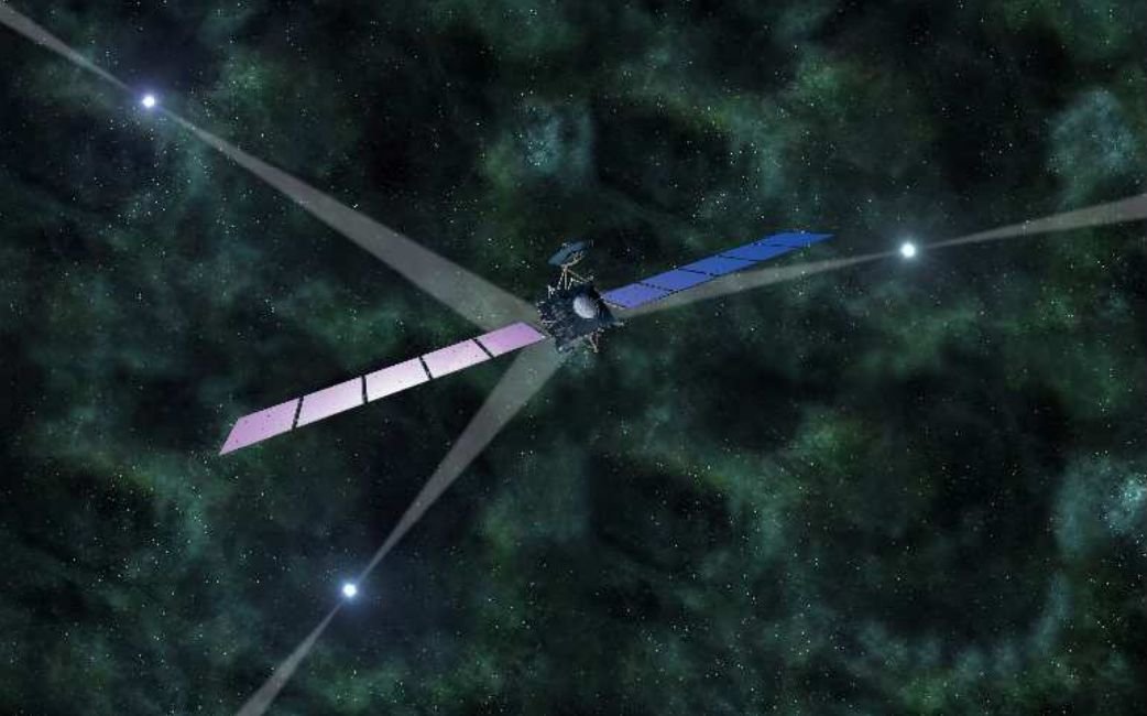 Artystyczna wizja sondy kosmicznej Rosetta, która porusza się w oparciu o sygnały pochodzące z odległych pulsarów. Dzięki nim statek może wyznaczyć swoją pozycję oraz prędkość. Źródło: arXiv:1305.4842 [astro-ph.HE]