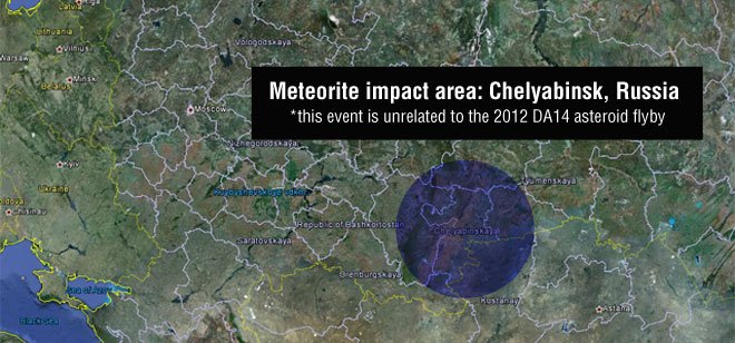 Obszar upadku fragmentów bolidu, który eksplodował nad Czelabińskiem w Rosji 15 lutego 2013 roku. Źródło: Google Earth, NASA/JPL-Caltech.