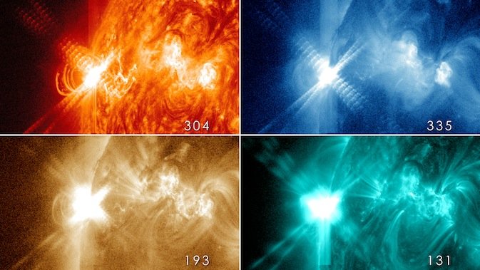 Cztery obrazy z satelity NASA Solar Dynamics Observatory, przedstawiające rozbłysk słoneczny klasy X3.2, zarejestrowany późną nocą 13 maja. Mozaika rozpoczyna się w górnym, lewym rogu zdjęcia i przedstawia odpowiednio fotografie wykonane na długościach fali 304, 335, 193 i 131 angstremów. Patrząc na to zjawisko widoczne na różnych długościach fal naukowcy mogą badać własności materii słonecznej w różnych temperaturach. Dzięki temu być może dowiedzą się, co powoduje takie a nie inne rozbłyski. Źródło: NASA/S