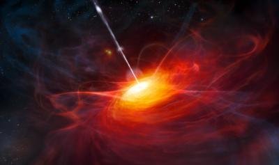 Wizja artysty przedstawiająca kwazar, który zasilany jest przez czarną dziurę o masie 2 miliardy razy większej niż masa Słońca. Źródło: ESO/M. Kornmesser