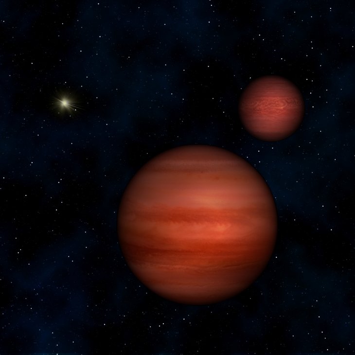  Artystyczne wyobrażenie układu podwójnego WISE J104915.57-531906 – z odległym, białawym Słońcem widocznym na drugim planie. Źródło: Janella Williams/Penn State 