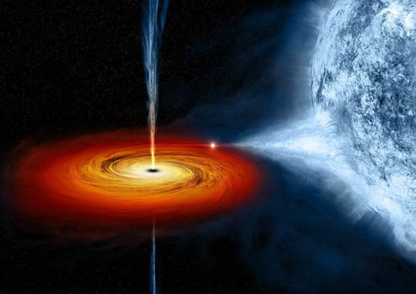 Wizja artysty przedstawiająca czarną dziurę karmioną przez gwiazdę towarzyszącą. Źródło: NASA/CXC/M. Weiss