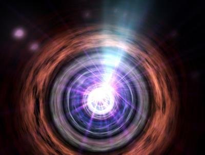 Artystyczna wizja centrum aktywnej galaktyki – blazara.  Źródło: NASA/Goddard Space Flight Center Conceptual Image Lab